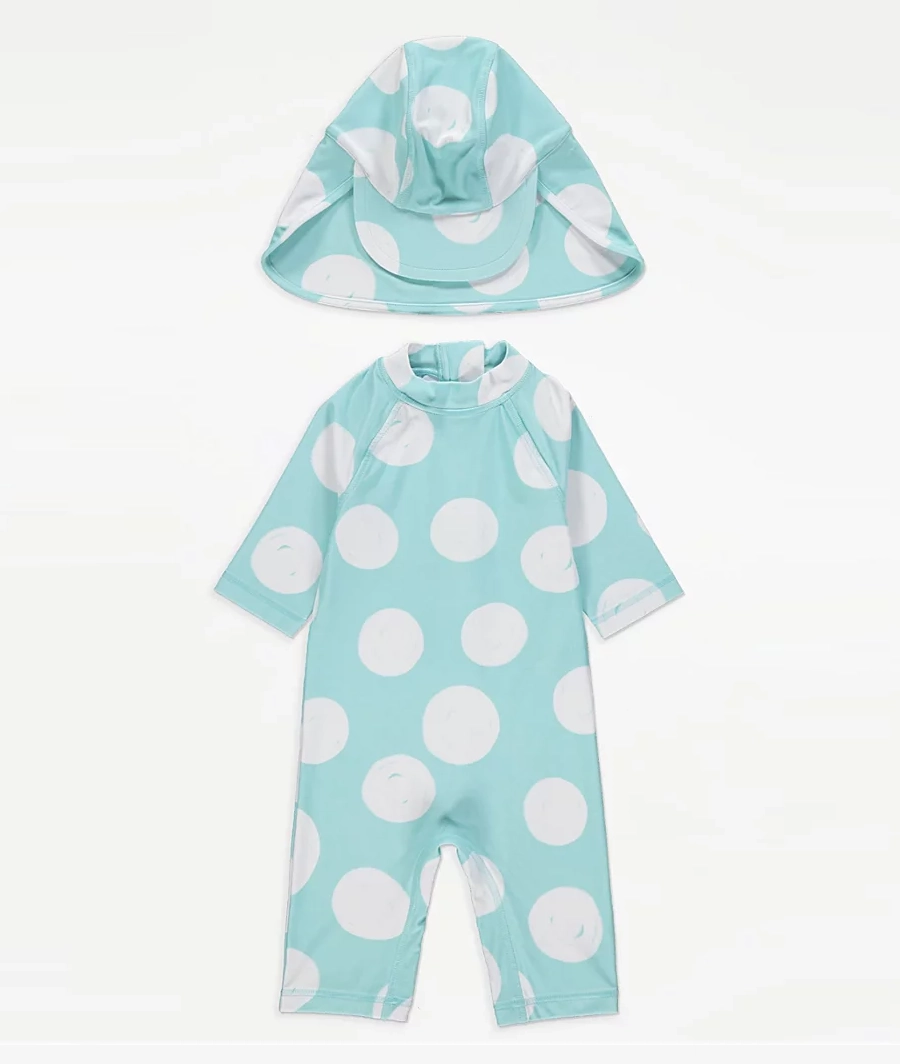Light Blue Spot Sunsafe Swimsuit and Keppi Hat